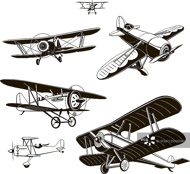 老式双翼飞机设置黑色旧标志图片素材