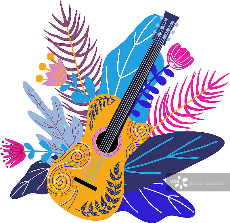 孤立的吉他和明亮的热带树叶图片素材