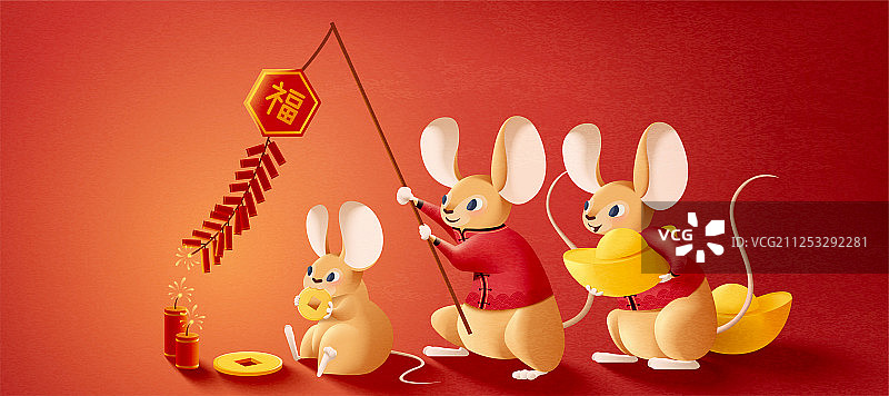 中国新年小鼠放鞭炮插图图片素材