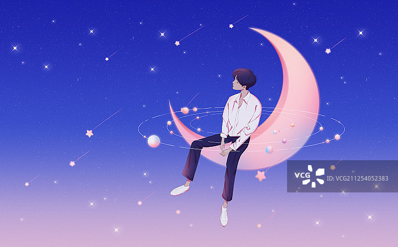 行星围绕的男孩坐在月亮上闭眼思考梦幻插画横版图片素材