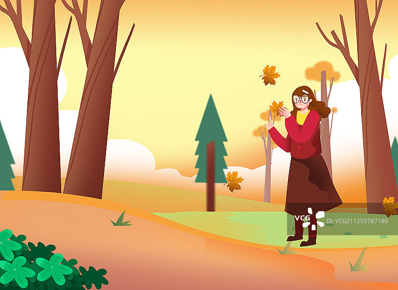 卡通手绘女孩手拿枫叶秋季秋天秋游旅行插画图片素材
