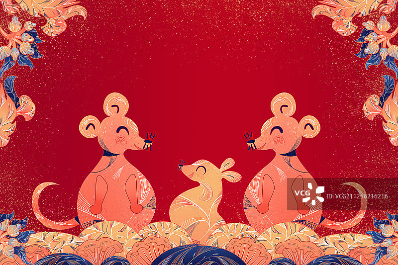 红色喜庆鼠年国风贺新年插画海报图片素材
