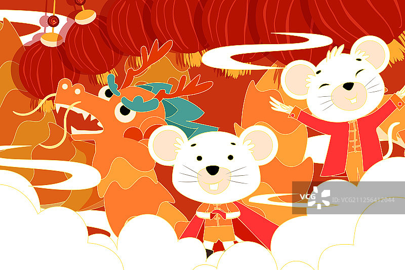 鼠年2020年新年春节喜庆龙抬头卡通中国风背景插画图片素材