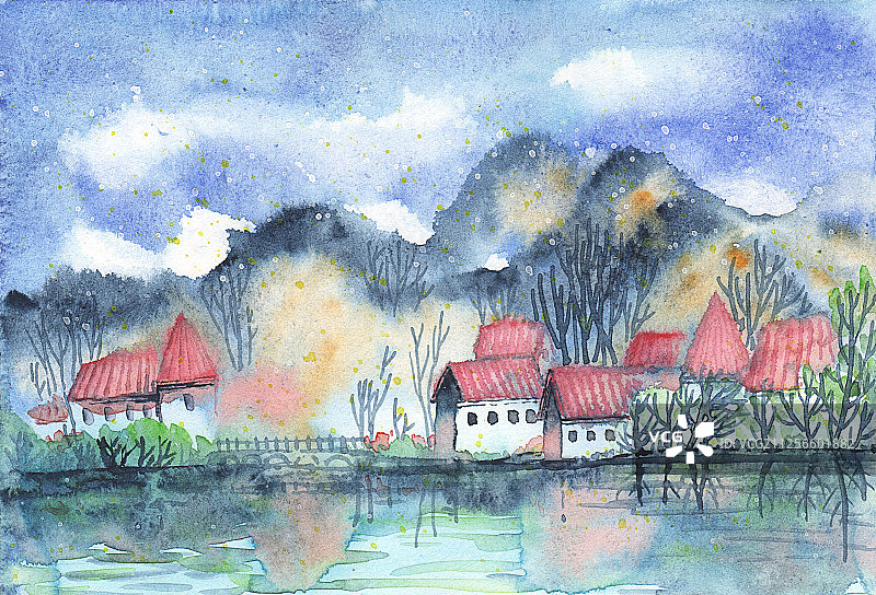 唯美水彩手绘风景插画-湖边的小村图片素材