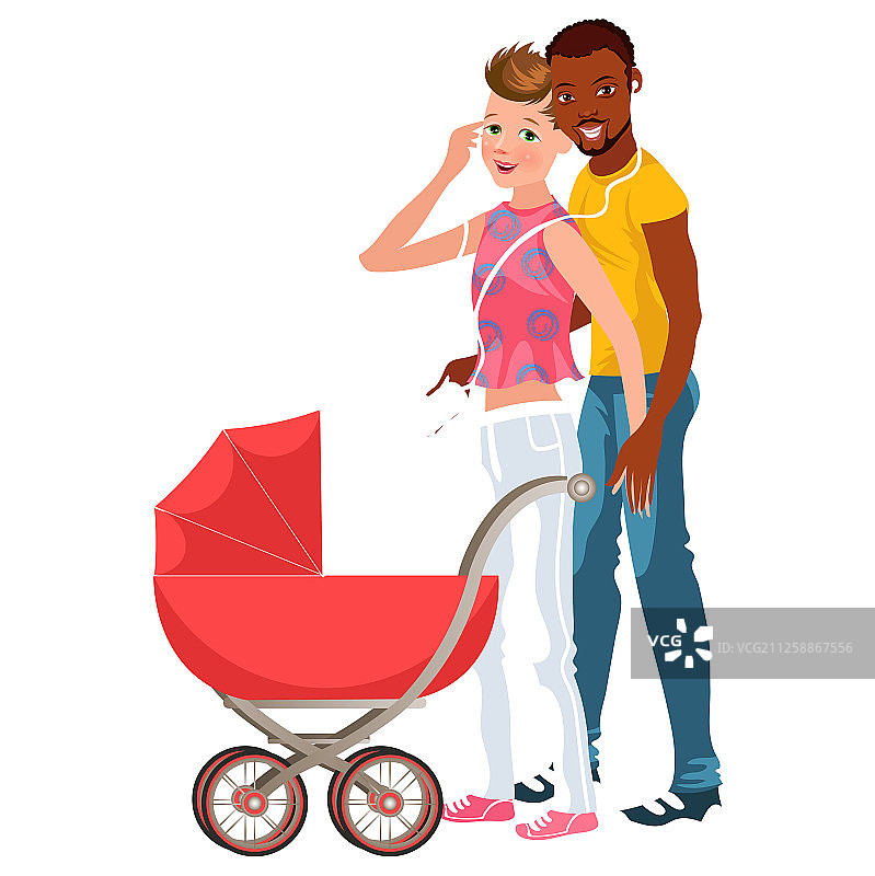 卡通微笑的夫妇带着婴儿走路图片素材