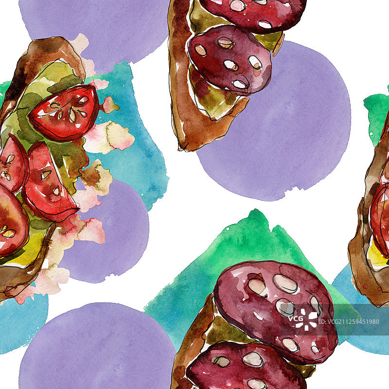 水彩风格的三明治。水彩快餐插画元素。无缝的背景图案。图片素材