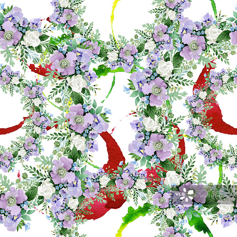 紫罗兰花束，植物的花。水彩背景插图集。无缝的背景图案。图片素材