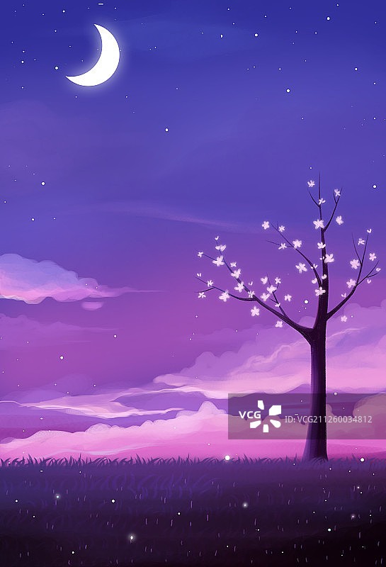 唯美插画紫色夜空中的星星和草地图片素材