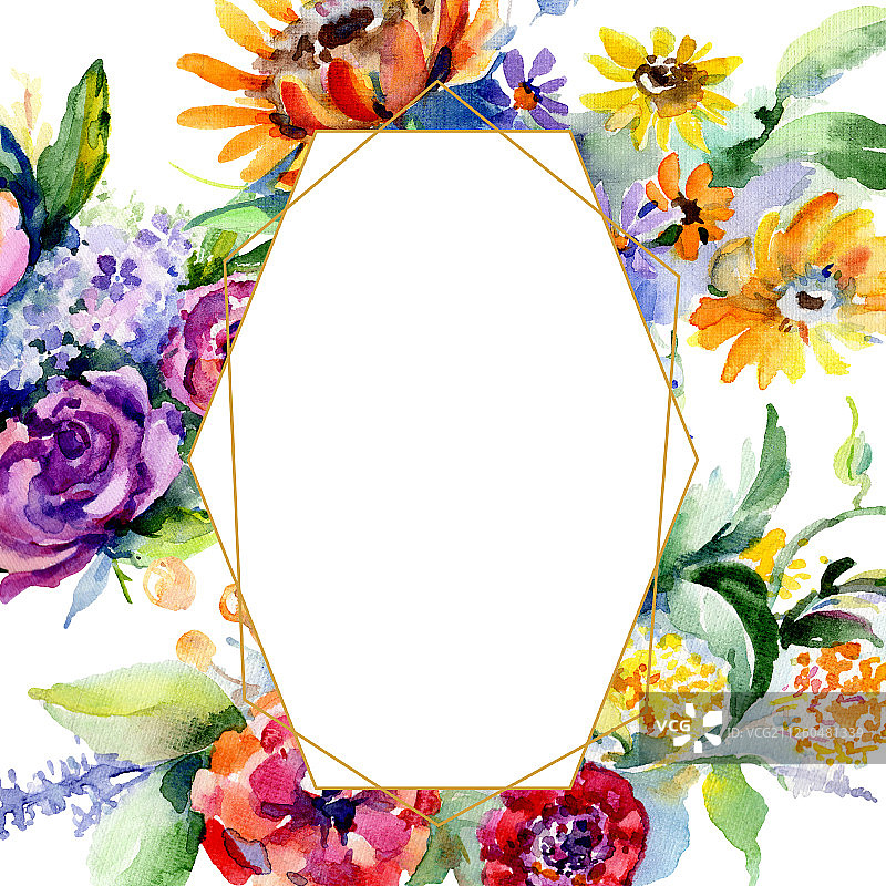花束，植物的花。水彩背景插图集。框架边框水晶装饰方。图片素材