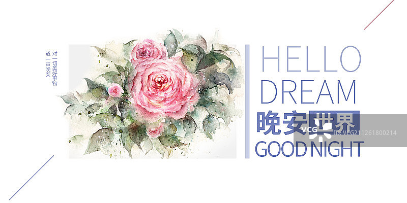 清新水彩绽放的花卉玫瑰蔷薇晚安世界问候good night海报展板图片素材
