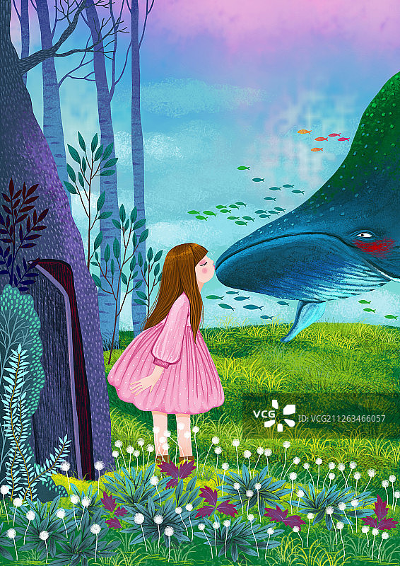 儿童插画-亲吻鲸鱼的小女孩图片素材