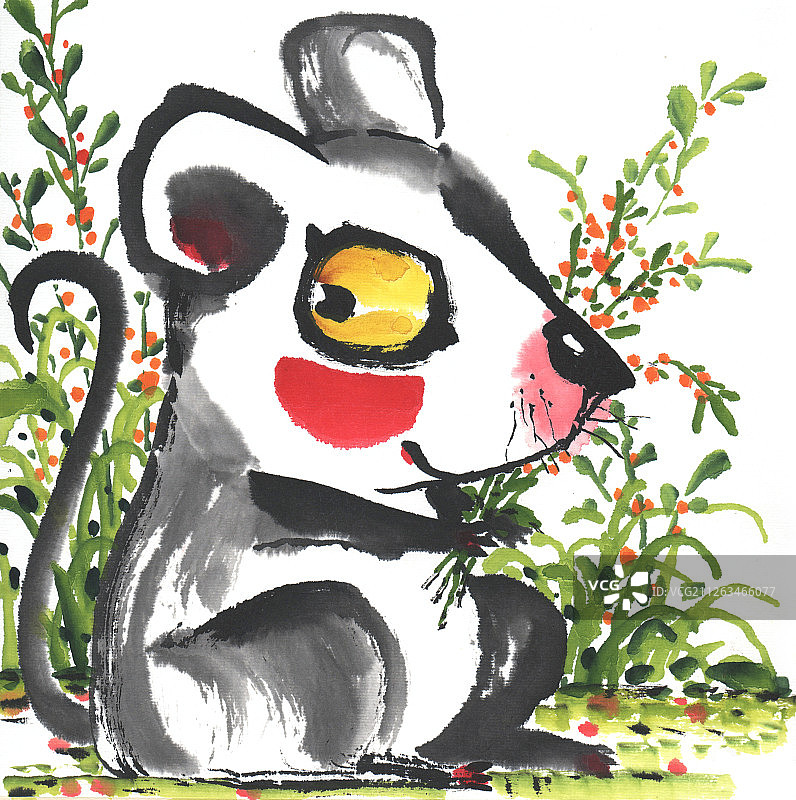 国画水墨插画-可爱的抱着花枝的老鼠图片素材