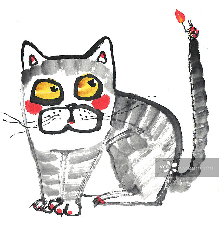 国画水墨插画-可爱的小猫图片素材
