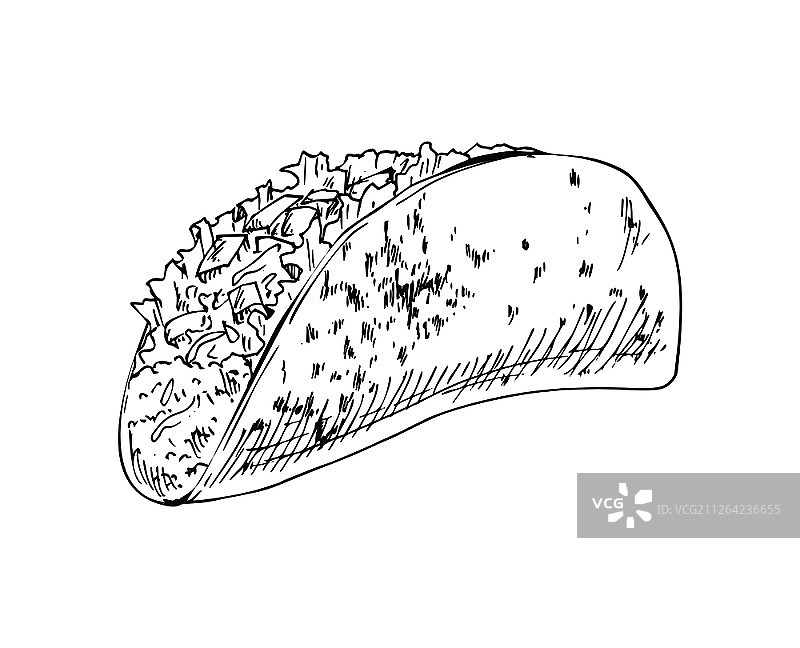 墨西哥玉米卷单色素描轮廓。墨西哥外卖产品，快餐餐孤立上白。包馅面包矢量插图。墨西哥玉米卷单色素描矢量插图图片素材