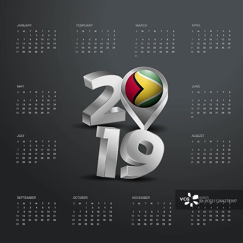 2019年日历模板。灰色排版与圭亚那国家地图黄金排版标题图片素材