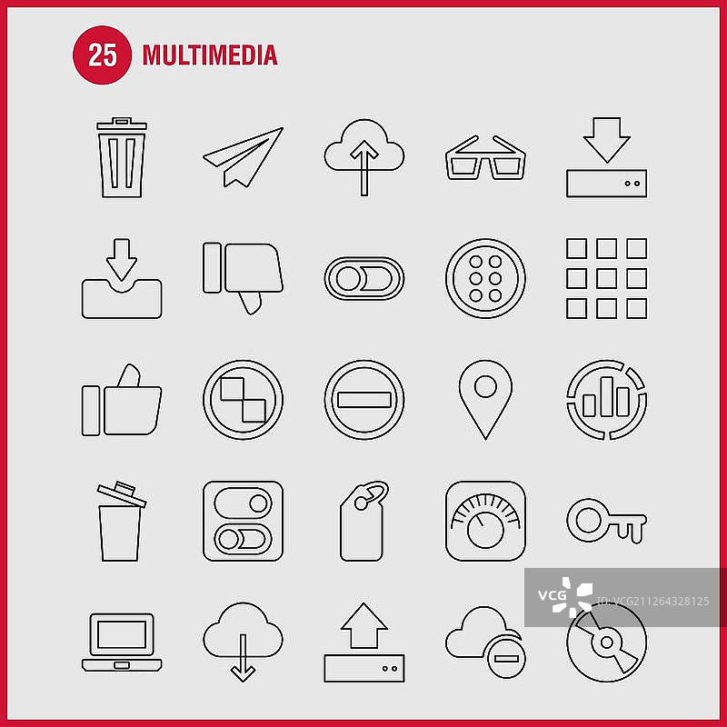 多媒体线图标为Web，打印和移动UX/UI工具包。如:均衡器，节拍，音频，机器，Bin，删除，垃圾，回收，象形图包。——矢量图片素材