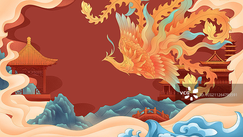 在祥云青山环绕的古代宫殿楼阁上飞舞的凤凰国风古典插画图片素材