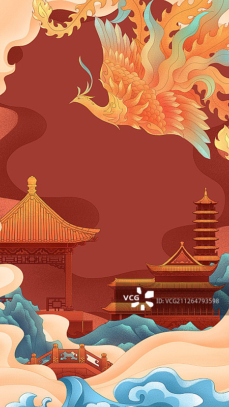 在祥云青山环绕的古代宫殿楼阁上飞舞的凤凰国风古典插画图片素材