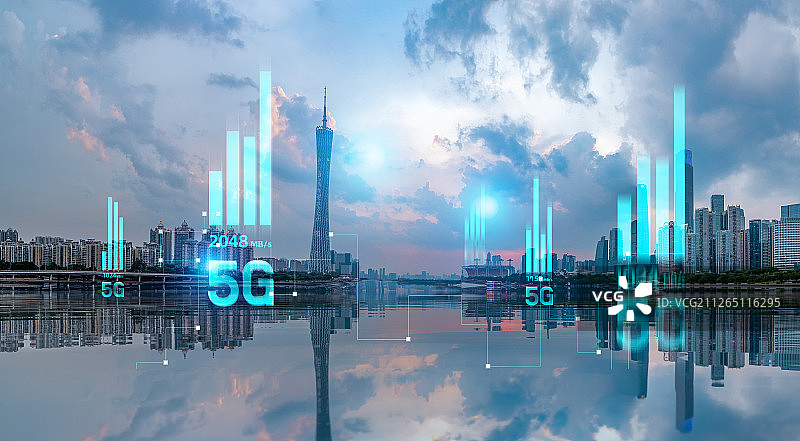 5G网络信号科技快速发展广州CBD全景城市高楼建筑经济中心图片素材