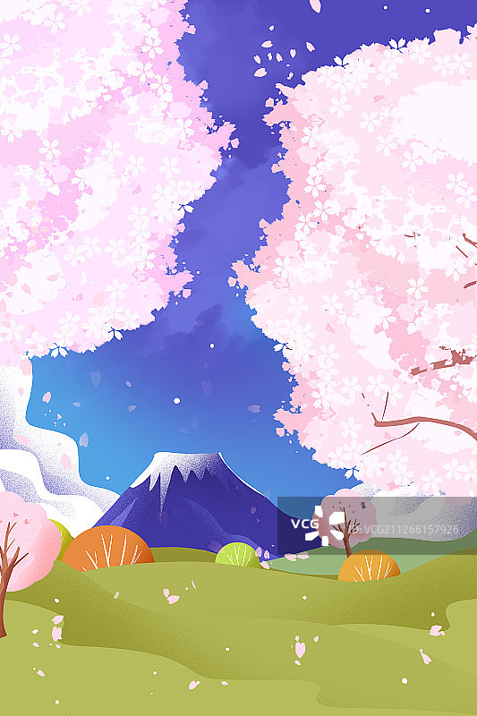卡通手绘日本樱花富士山场景插画图片素材
