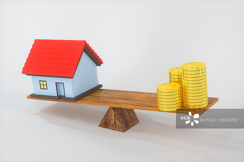 木制天平上的房屋与金币 三维渲染图片素材