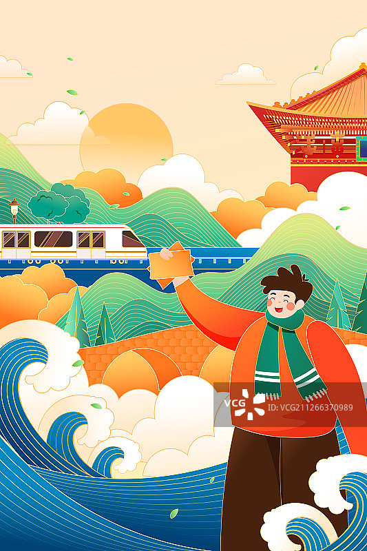 卡通新年回家春运高铁动车城市出行礼包活动中国风矢量背景插画图片素材