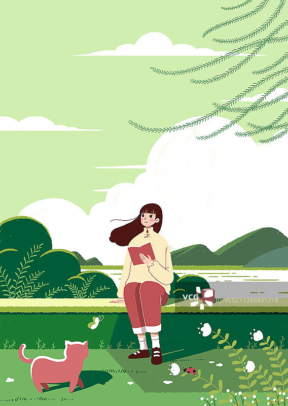 春天的微风中一个女孩带着猫咪坐在小河边图片素材
