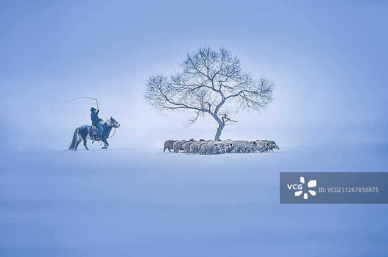 冬日坝上草原骑马的人图片素材