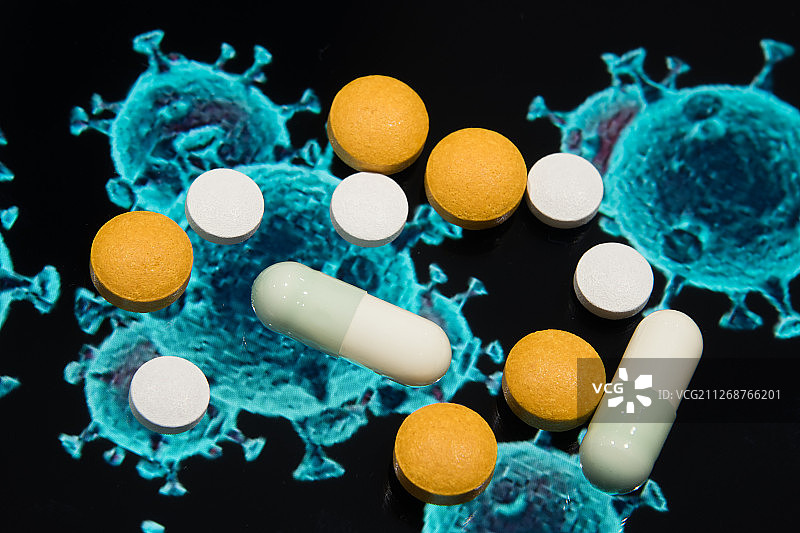 冠状病毒图样与药物的特写图片素材