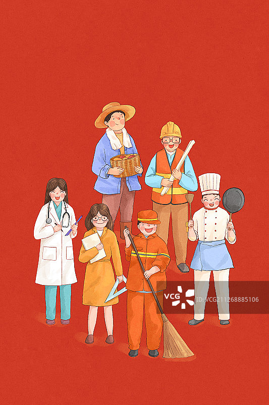 开心的劳动人民节日插画红色竖版4图片素材