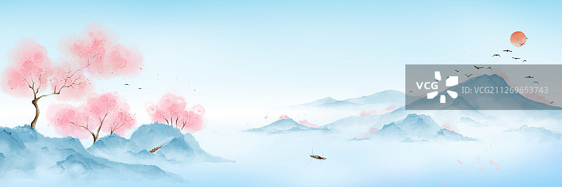 淡蓝色的山上有粉红色的桃树 淡彩水彩山水画图片素材