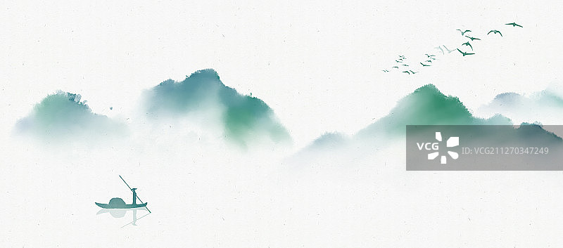 蓝绿色横版中式山水画图片素材