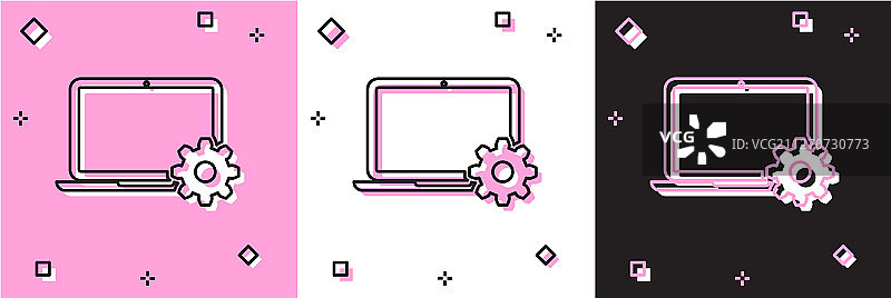 设置笔记本电脑和齿轮图标隔离在粉红色和图片素材