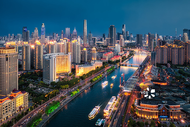 天津市海河夜景航拍图片素材