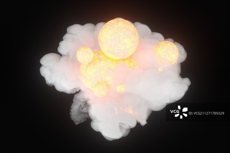 白色的云朵与燃烧的球体 三维渲染图片素材
