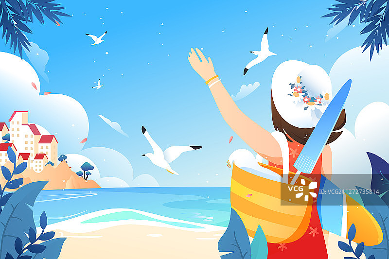 女孩海边旅游夏季夏天暑假出游矢量背景插画图片素材