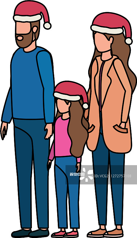 父母夫妇和女儿戴着圣诞帽图片素材