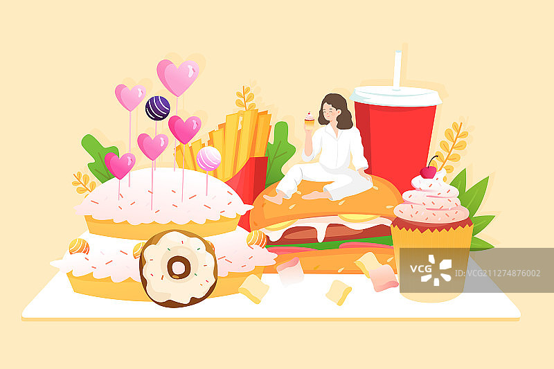 卡通女孩美食健康烹饪蛋糕下午茶肥胖减肥矢量插画图片素材