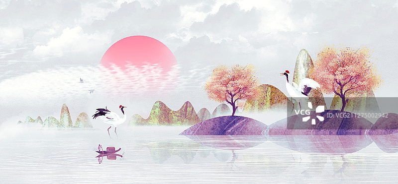 新中式粉色淡雅山水插画图片素材