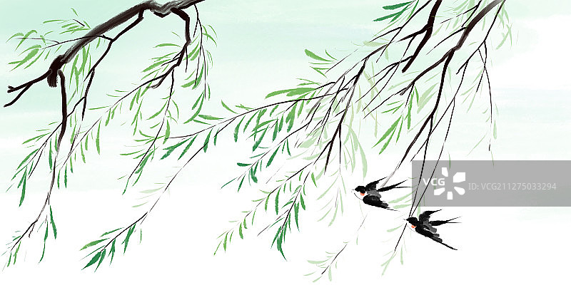 春天水墨画春分小燕子在树林里飞翔图片素材