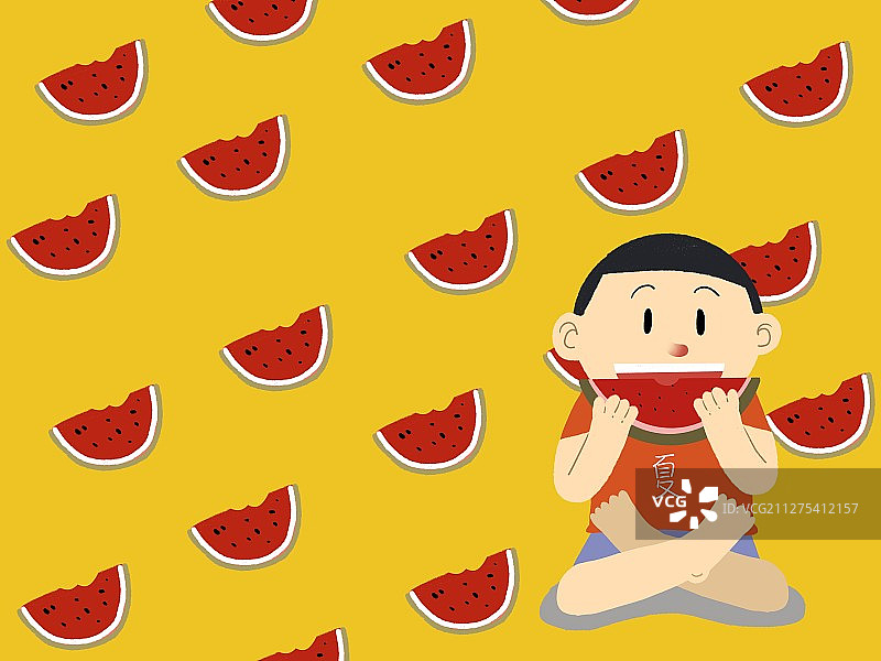 插画：夏天吃瓜的少年图片素材