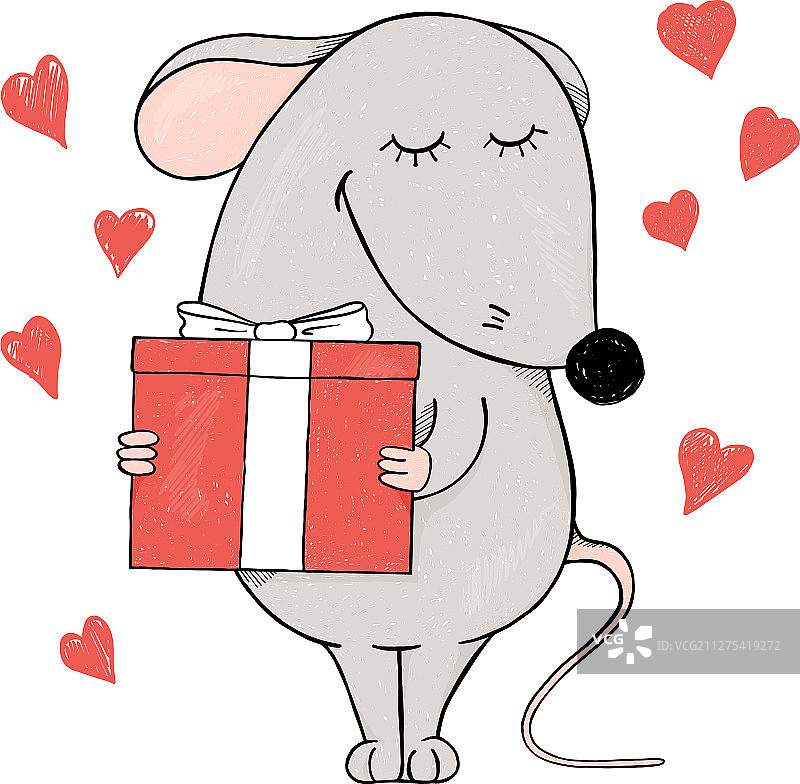 可爱的鼠标与礼品盒和心形的白色图片素材