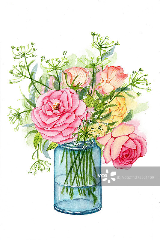手绘水彩花瓶花束插画植物花卉图片素材
