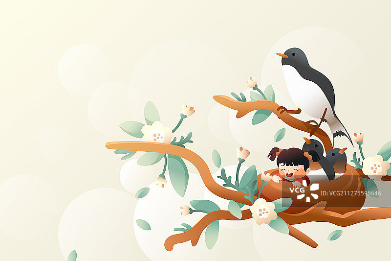 童趣夏季夏令营儿童鸟类踏青旅游出游春季背景矢量插画图片素材