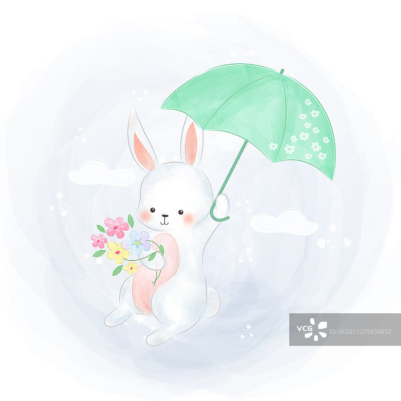 可爱的小兔子带着伞飞图片素材