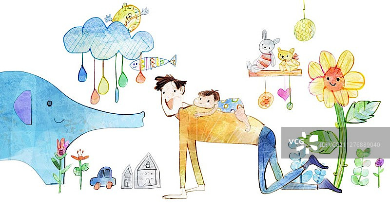 水彩插图的家庭与年幼的孩子图片素材