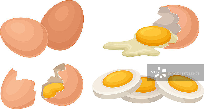 新鲜和煮熟的鸡蛋与碎鸡蛋搭配图片素材
