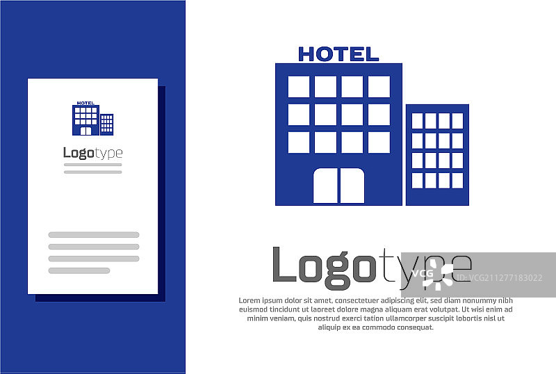 蓝色酒店建筑图标孤立在白色上图片素材