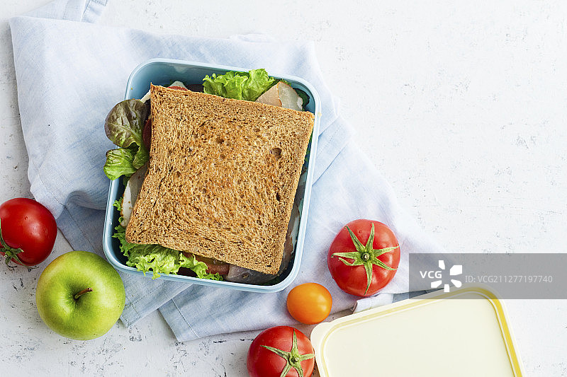 用塑料容器包装的绿色蔬菜，火腿，西红柿和奶酪的健康三明治图片素材