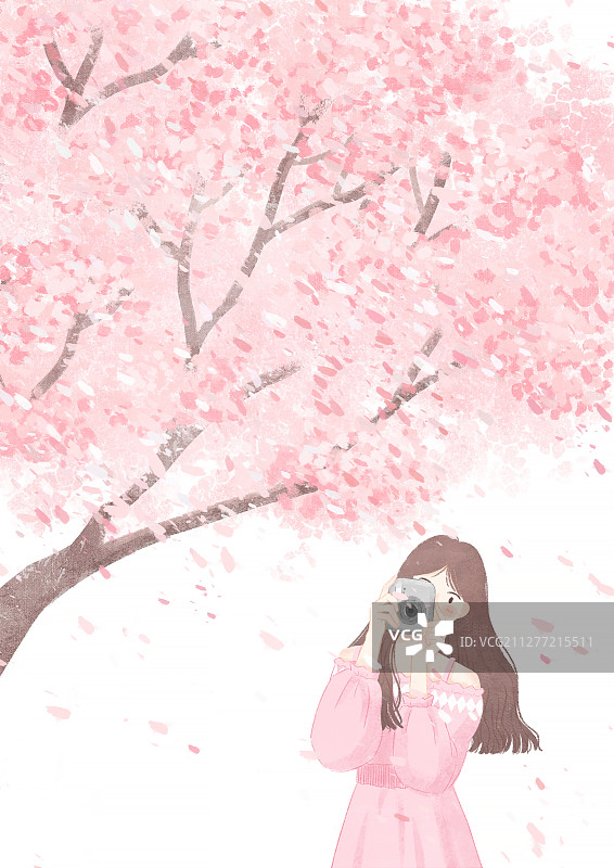 春天樱花树下女孩拍照白图片素材